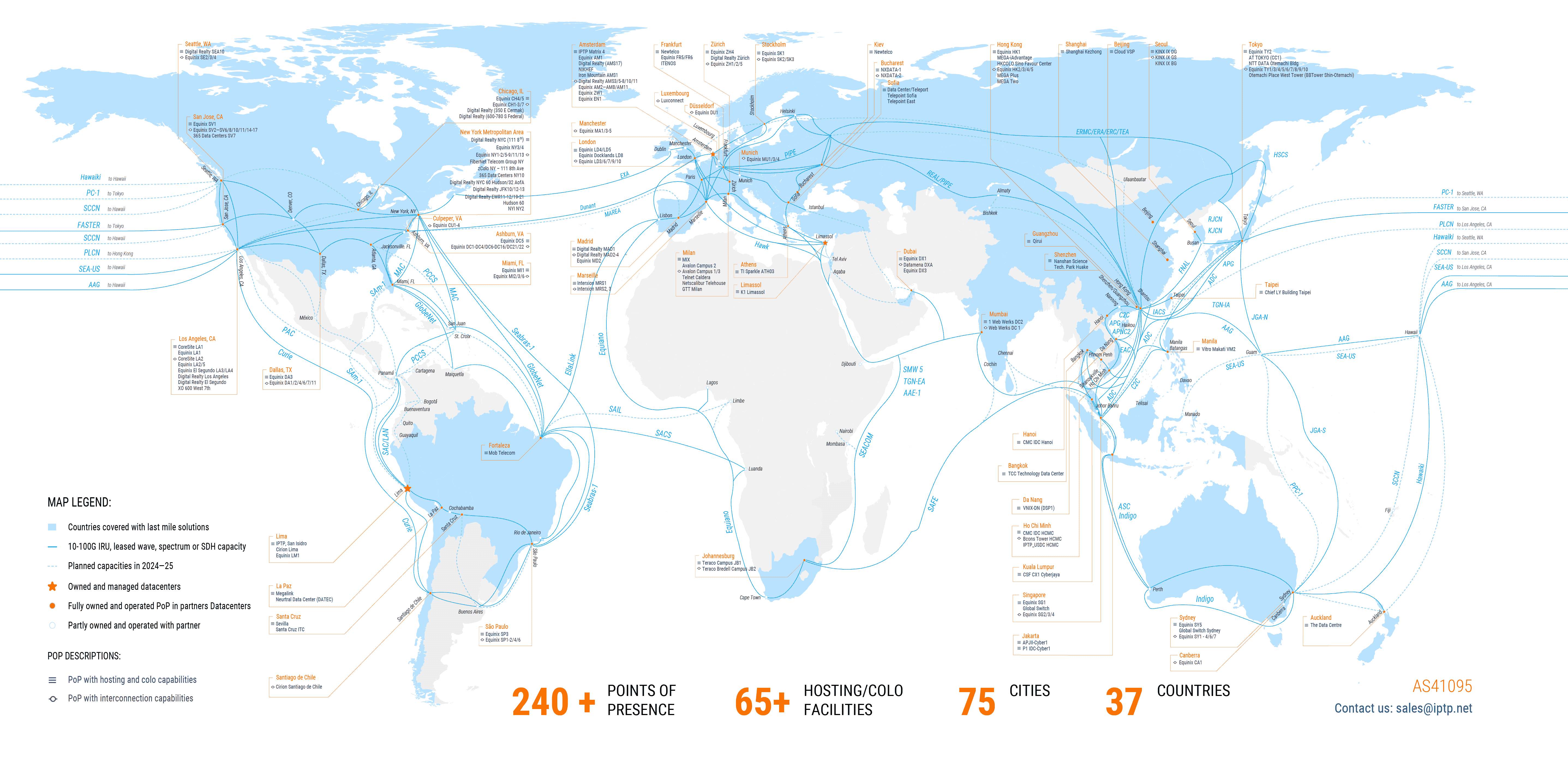 IPTP Networks global Points of Presence map — network coverage across Americas, Europe, Asia-Pacific, and Middle East
